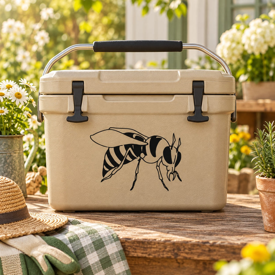 Hornet graphic decal on beige cooler lid with black handle straps