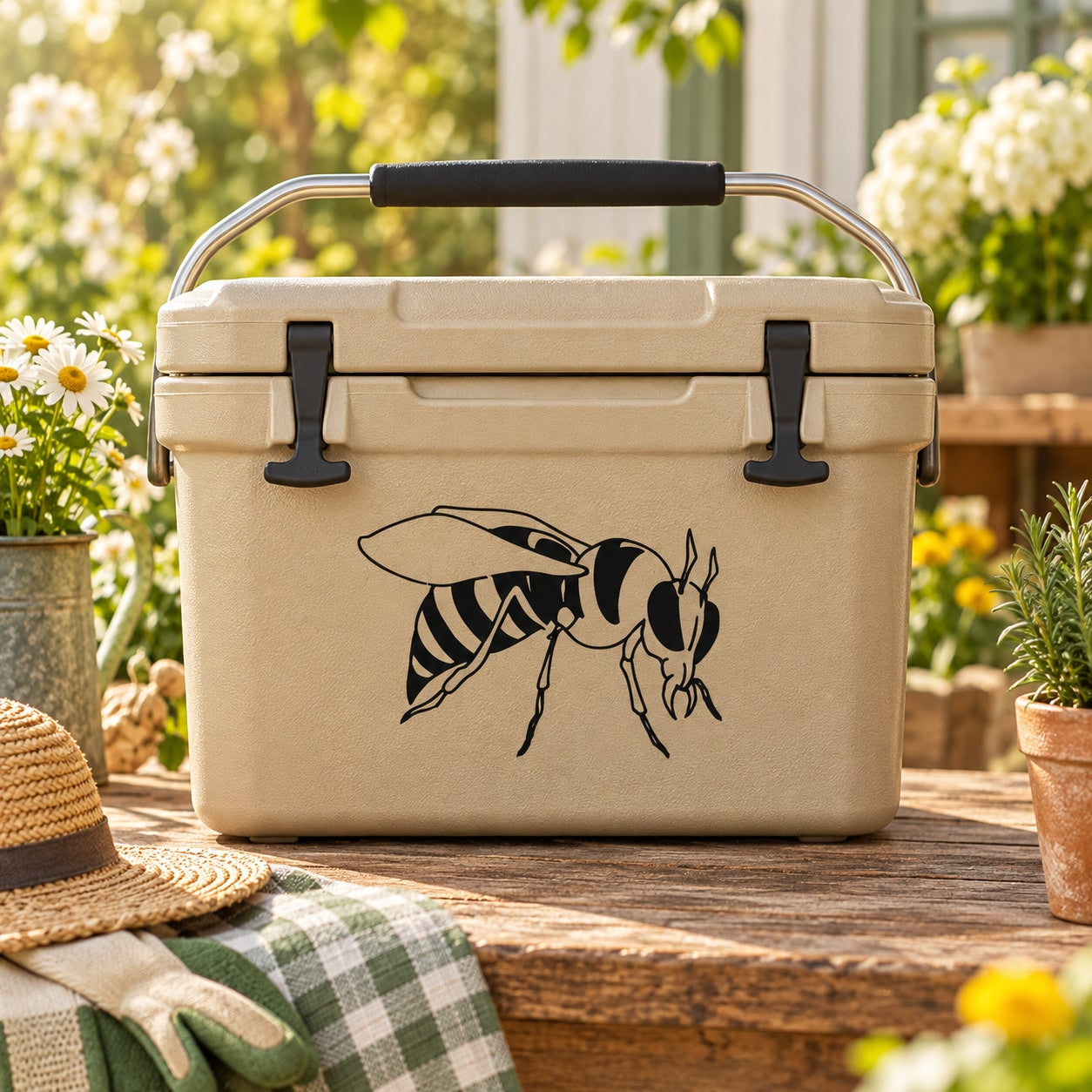 Hornet graphic decal on beige cooler lid with black handle straps
