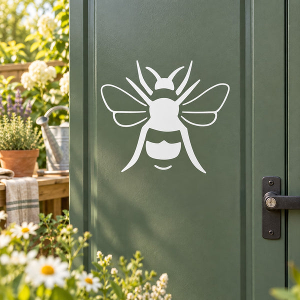 White bumble bee line-art decal on a dark green surface