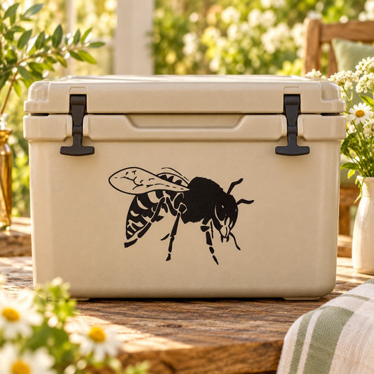 Hornet decal with striped winged design, black illustration on light-colored surface