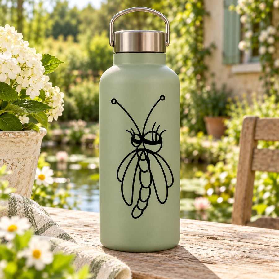 Light green water bottle with black dragonfly lash decal