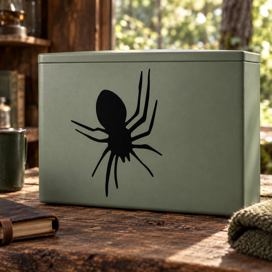 Crawling black spider decal on green box front