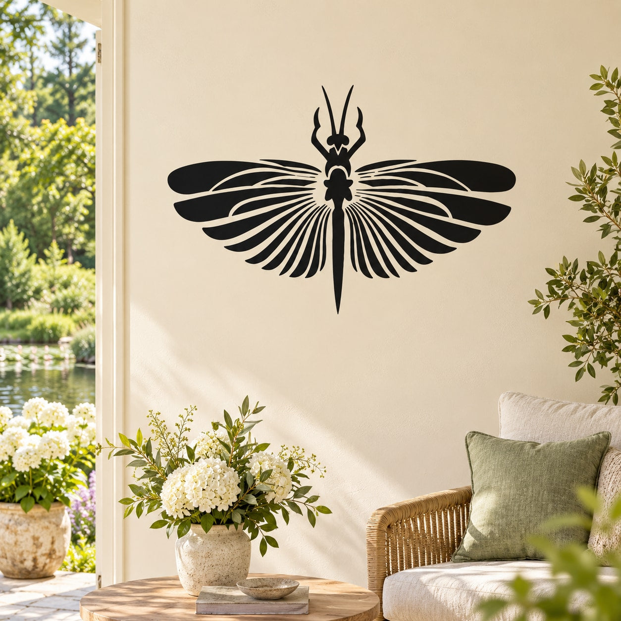 Black winged insect wall decal with symmetrical, petal-like feather wings