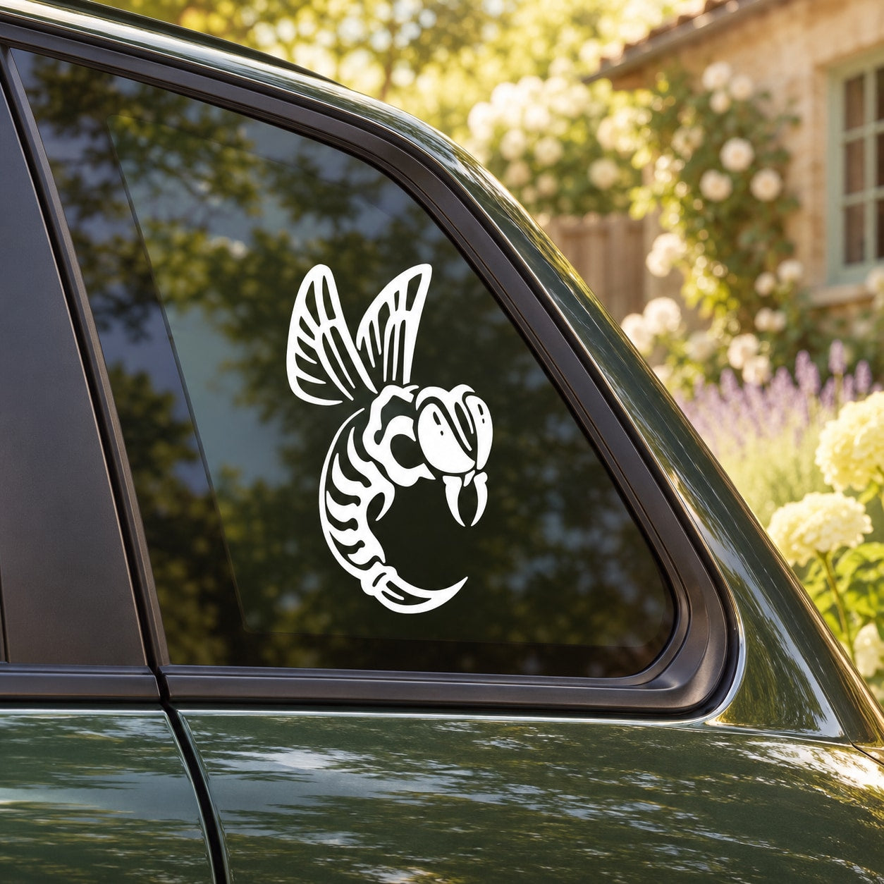 White wild angry hornet vinyl decal on car window, bold outline and wings