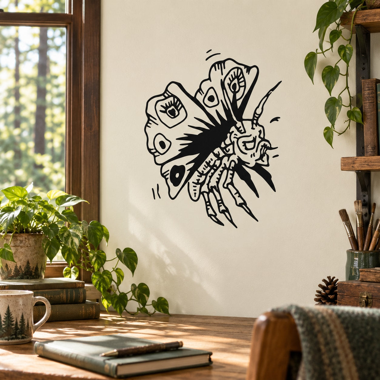 Black line-art moth wall decal with bold distressed eyes.