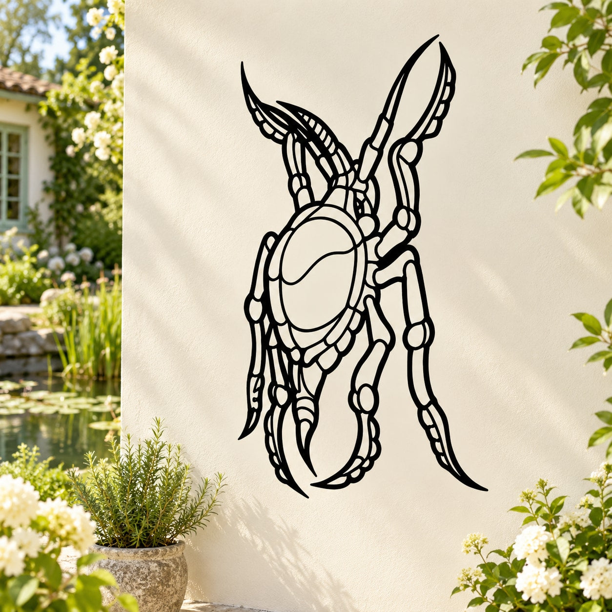 Armored insect bug wall decal, black line art, crawling pointy back design