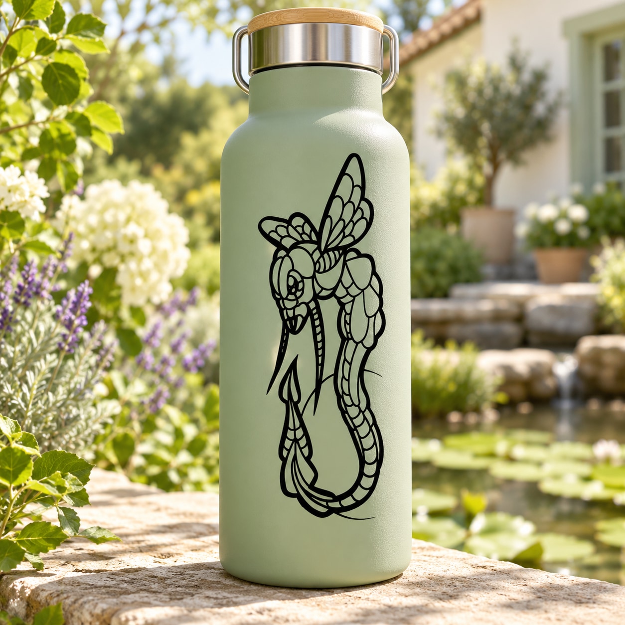 Light green bottle with black flying insect line-art decal