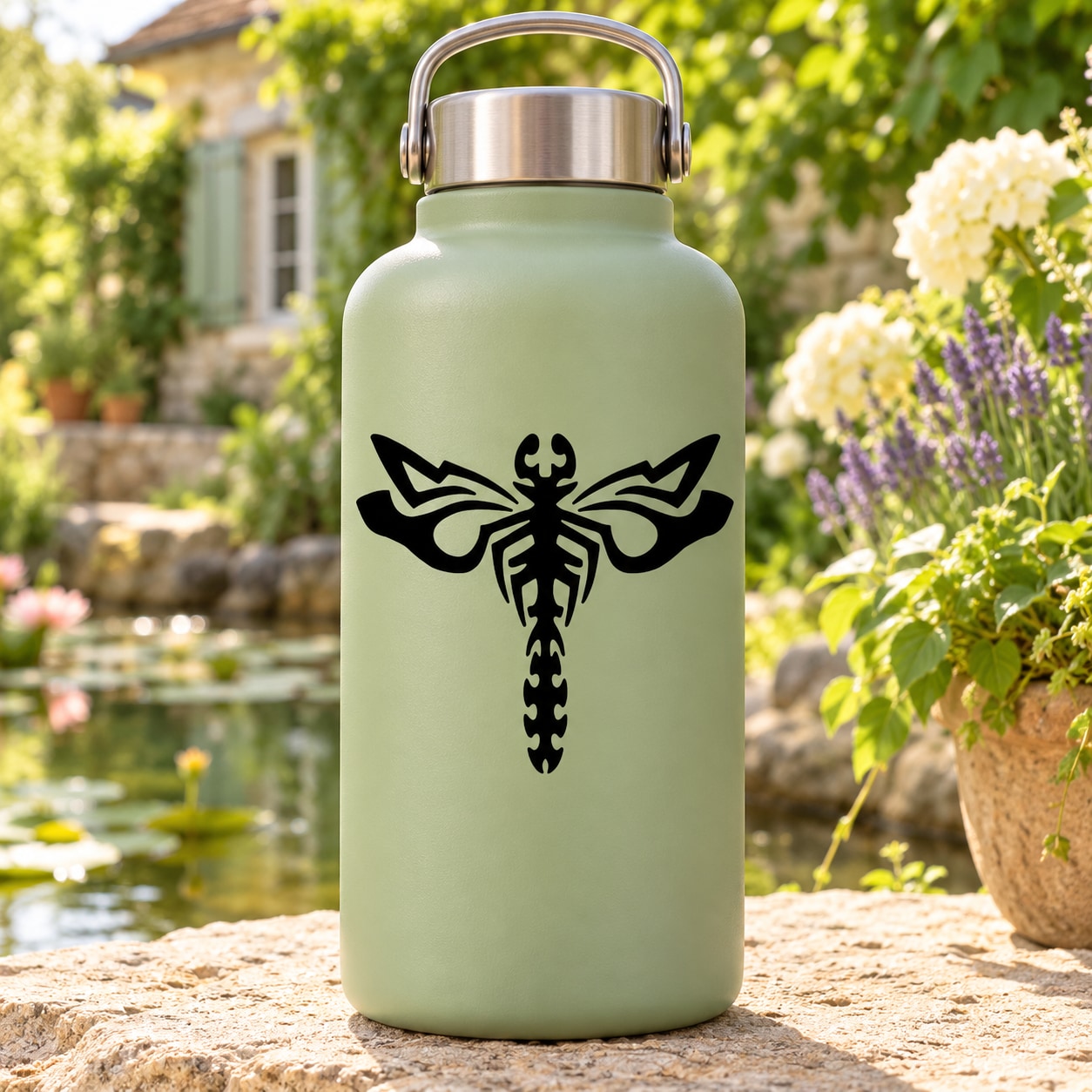 Light green bottle with black skeletal dragonfly decal