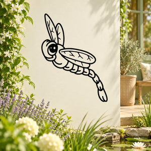 Dragonfly decal featuring a black line-art cartoon insect on a light background