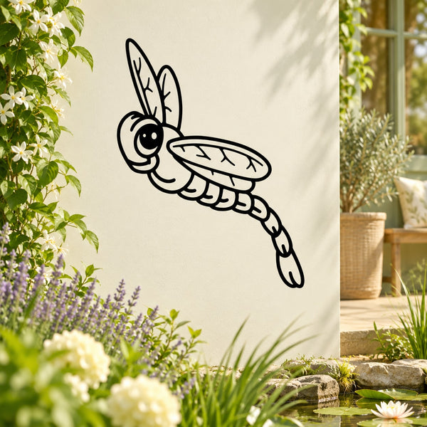 Dragonfly decal featuring a black line-art cartoon insect on a light background