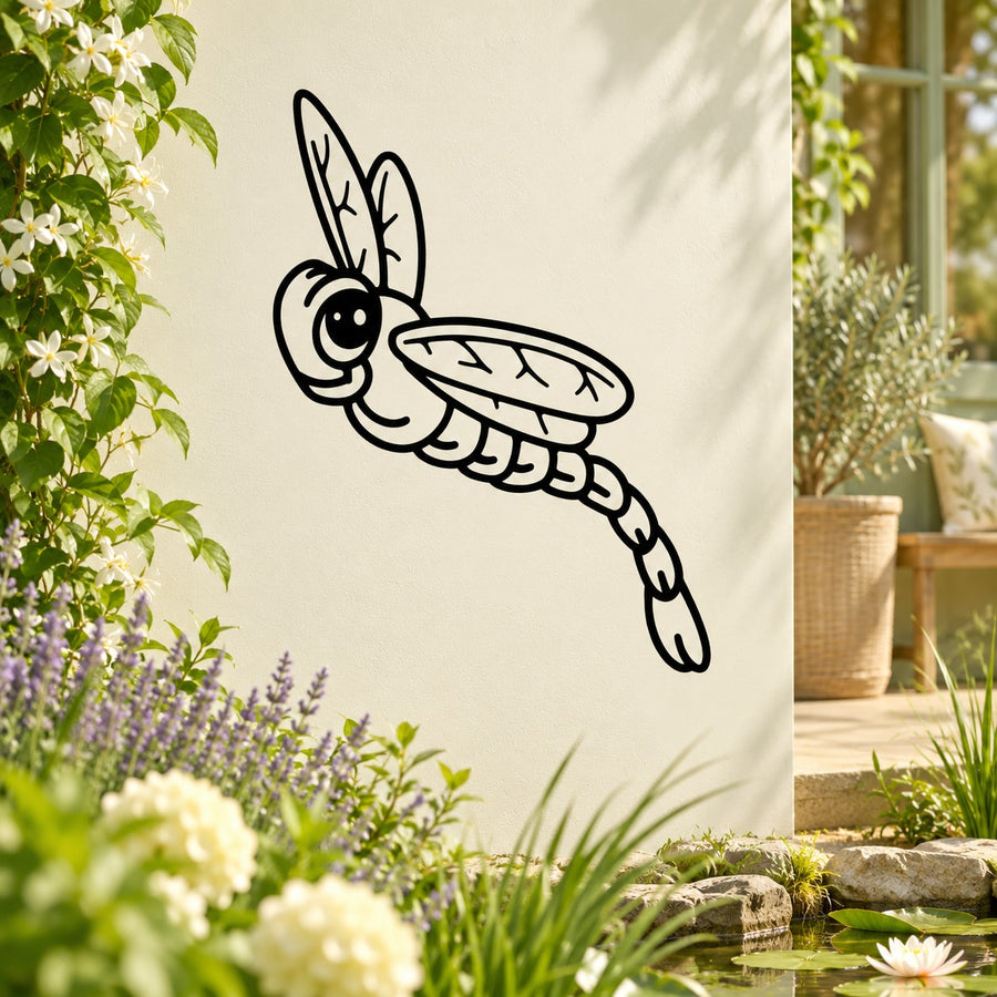 Dragonfly decal featuring a black line-art cartoon insect on a light background