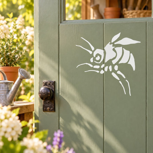 Winged bug decal sticker: white leaping insect on green cabinet door