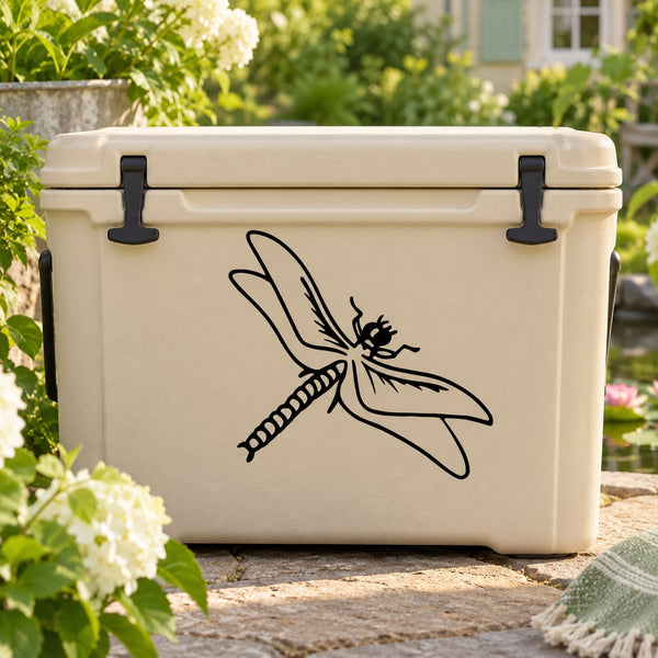Black dragonfly decal on a light cooler