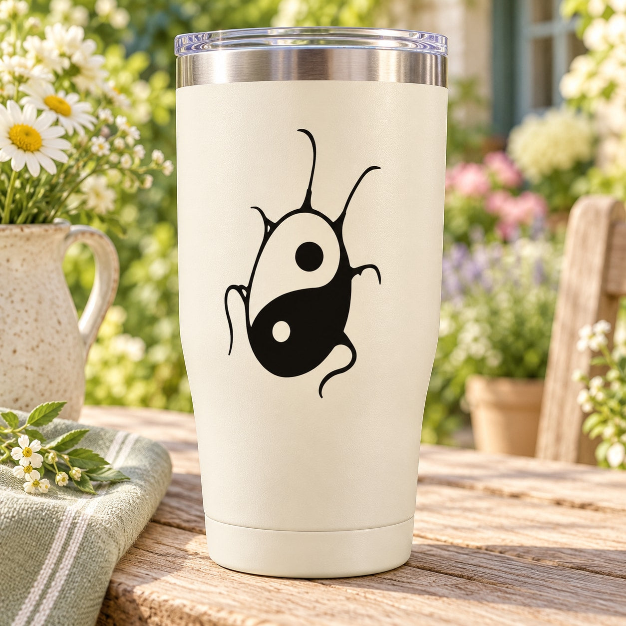 Yin yang bug decal on a white tumbler with a silver lid