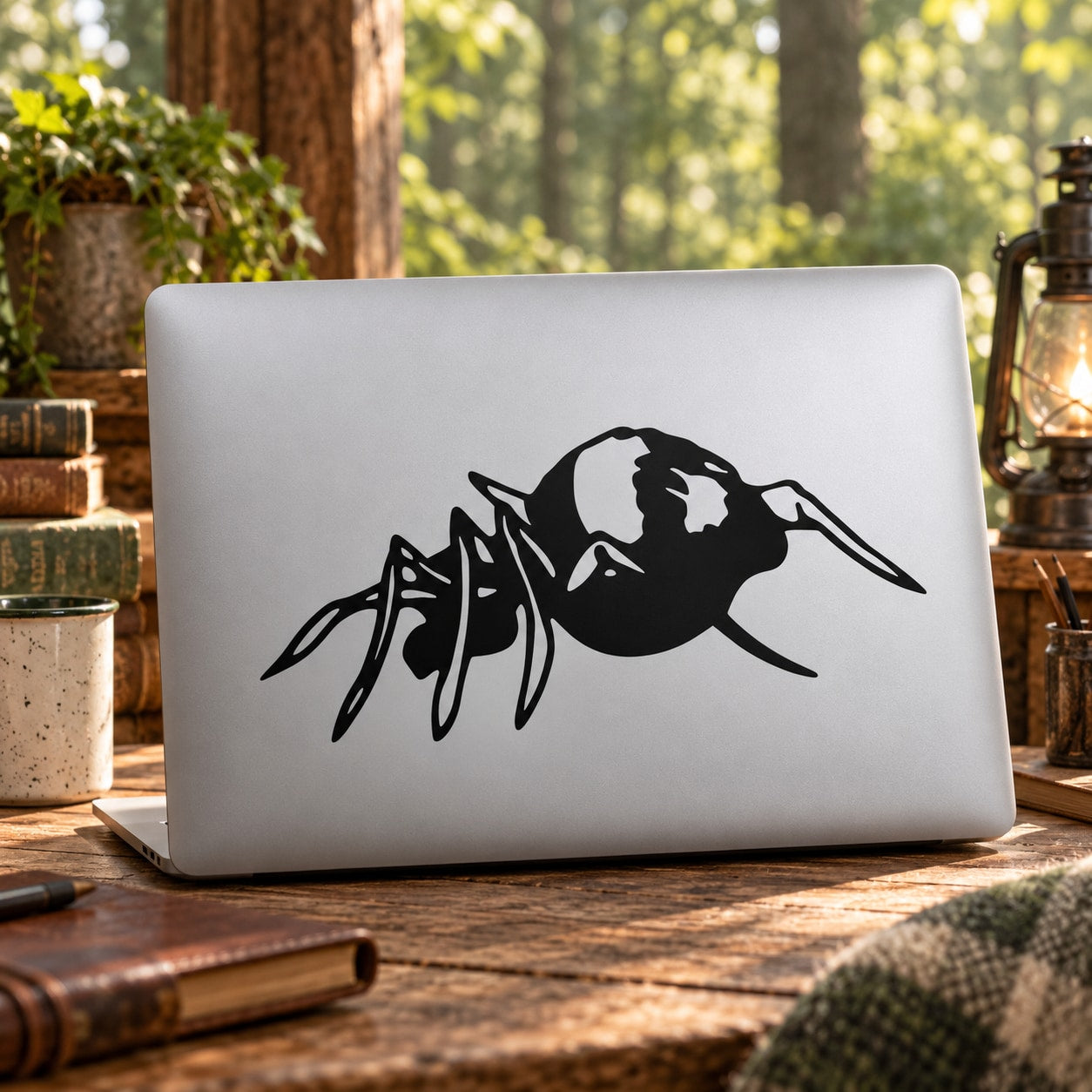 Black spider decal with striped body on light gray laptop lid