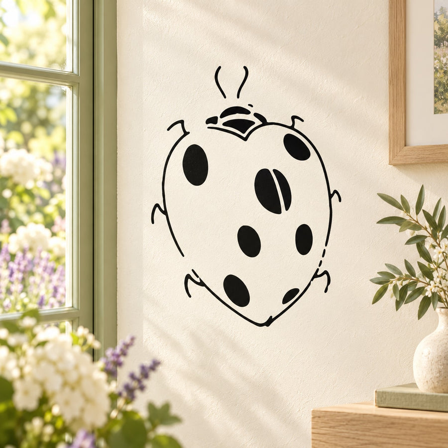 Cartoon ladybug decal with black spots and smiling face on light background