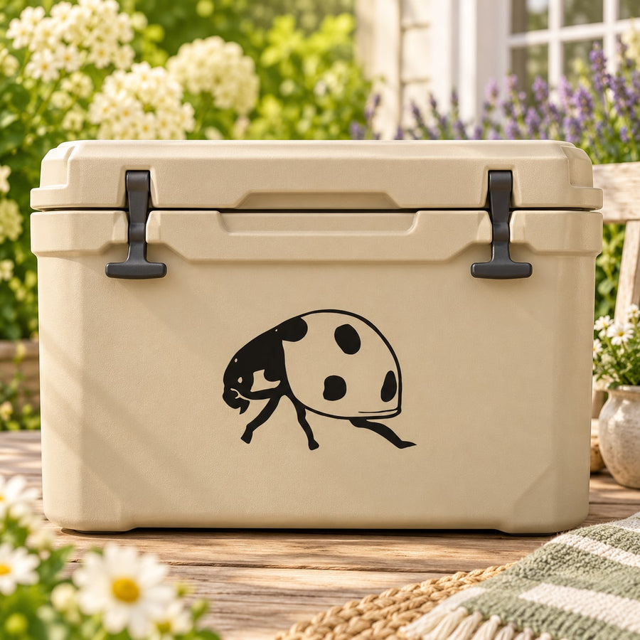 Black and white ladybug crawling decal on beige storage bin side