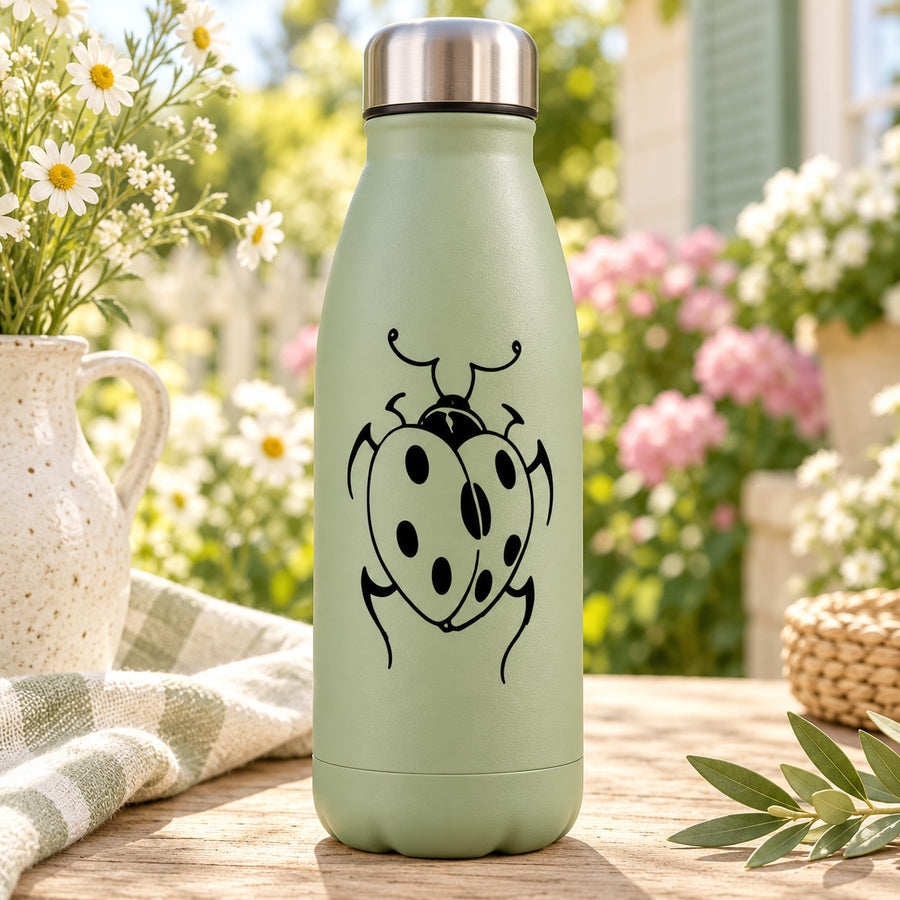 Matte green insulated bottle with heart-shaped ladybug decal in black outline