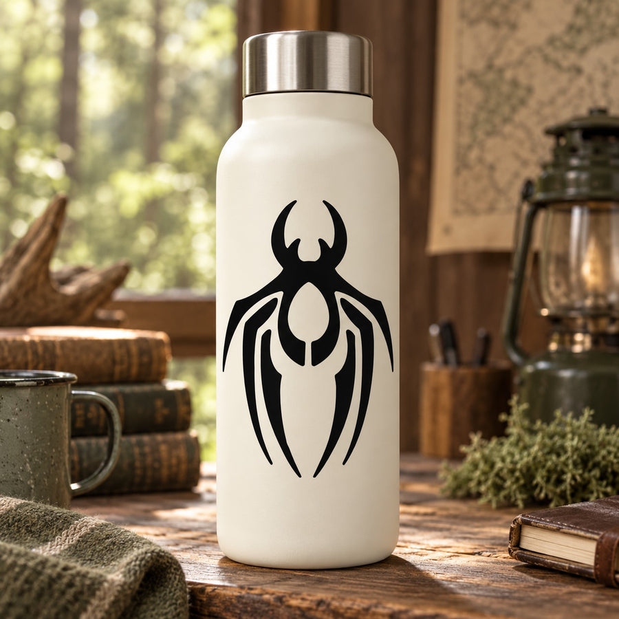 White water bottle with black symmetrical wicked spider decal on the front