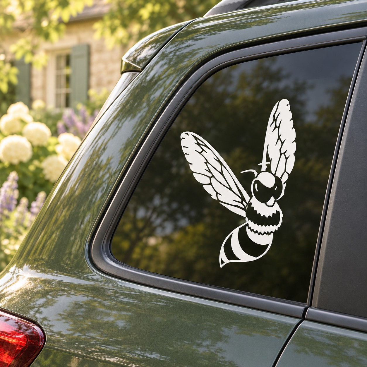 Flying wasp vinyl decal, black and white insect graphic on car window