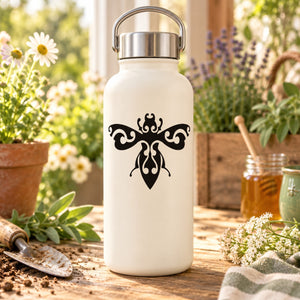 White bottle with black swirl winged bug decal on front