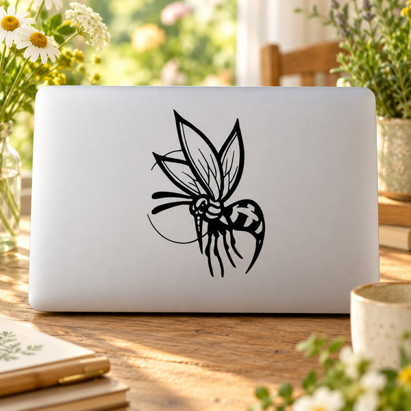 Black wasp decal with partial circle outline on light-colored surface