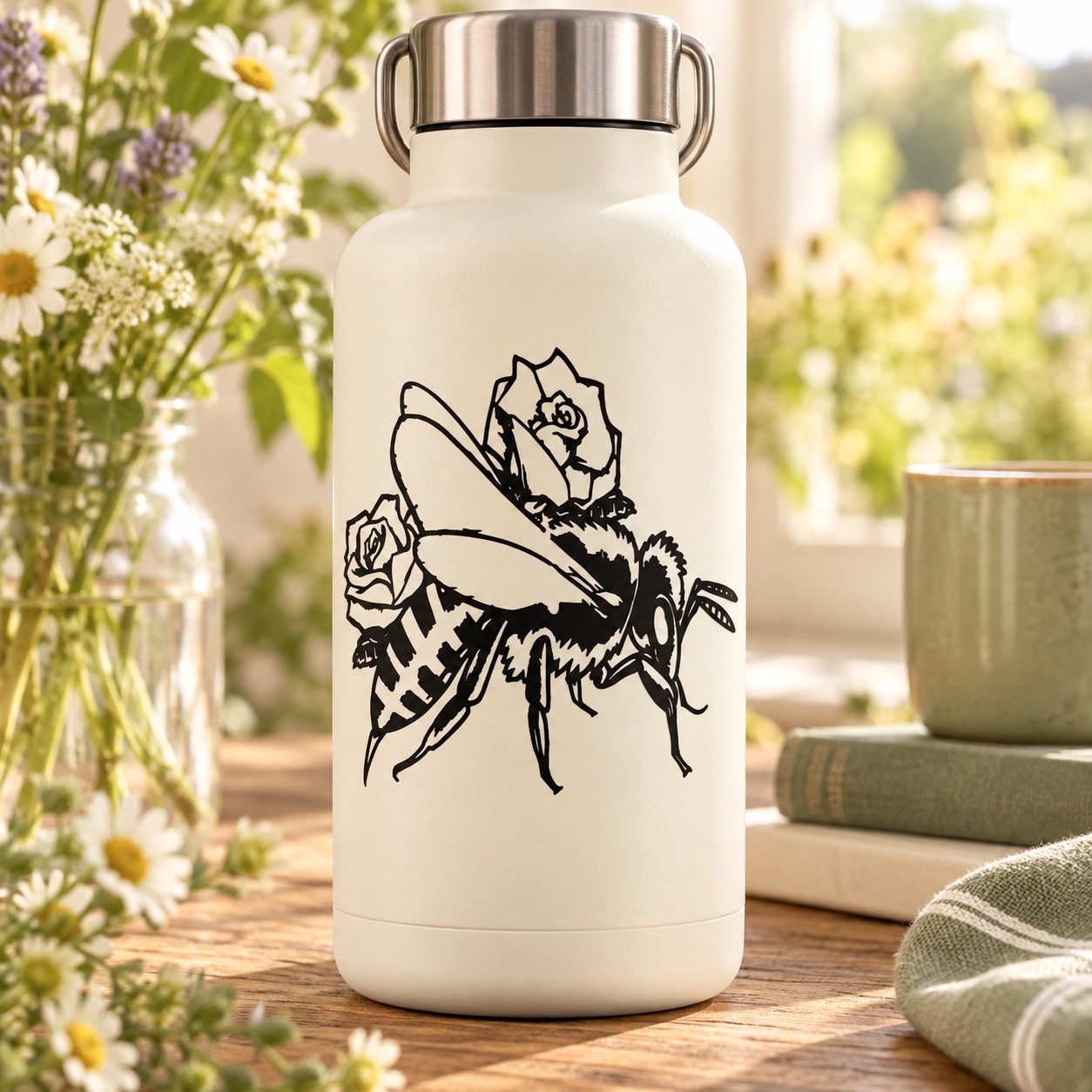 Black line-art rose and wasp decal on a white bottle