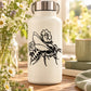 Black line-art rose and wasp decal on a white bottle