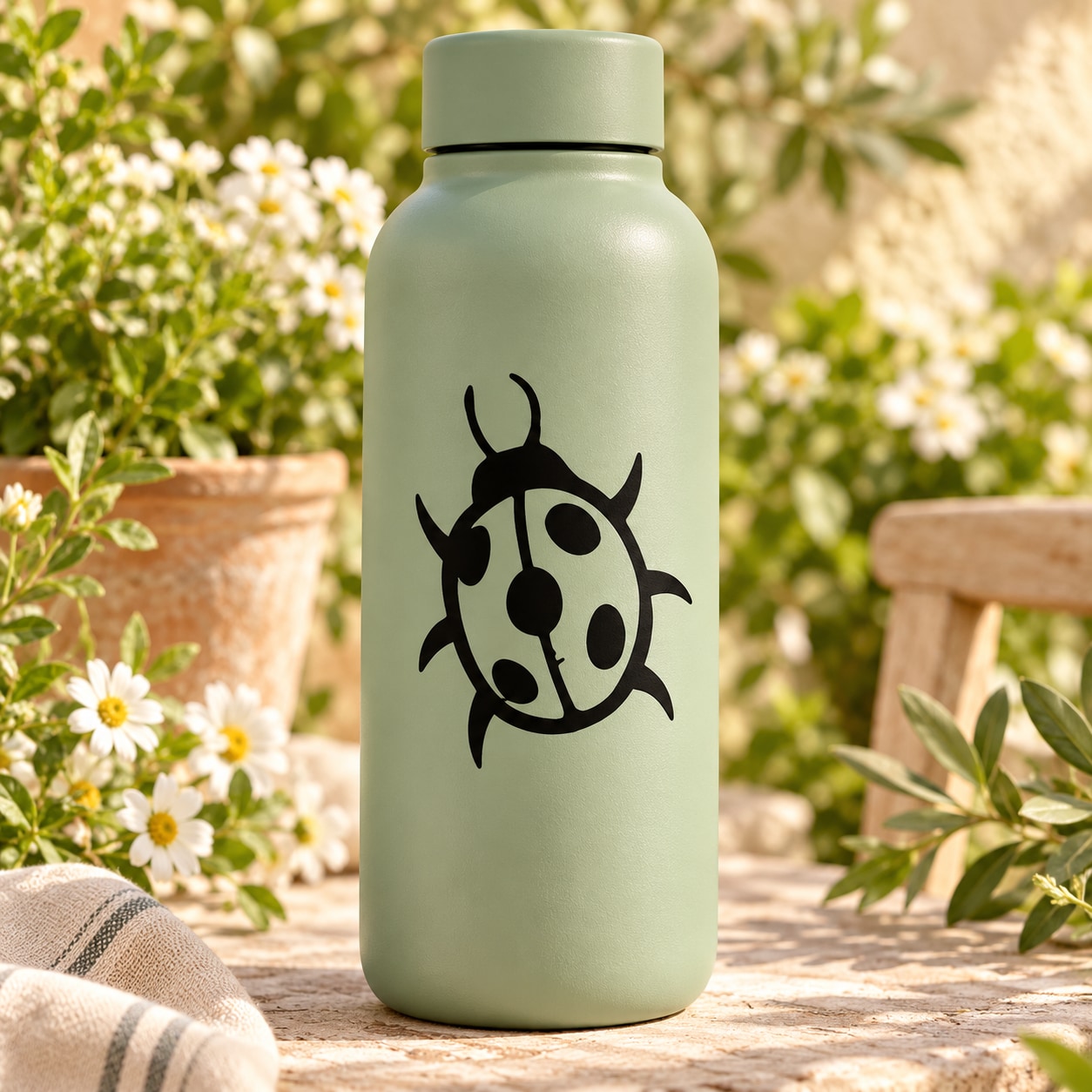 Ladybug decal on light green bottle, black cartoon ladybug face centered