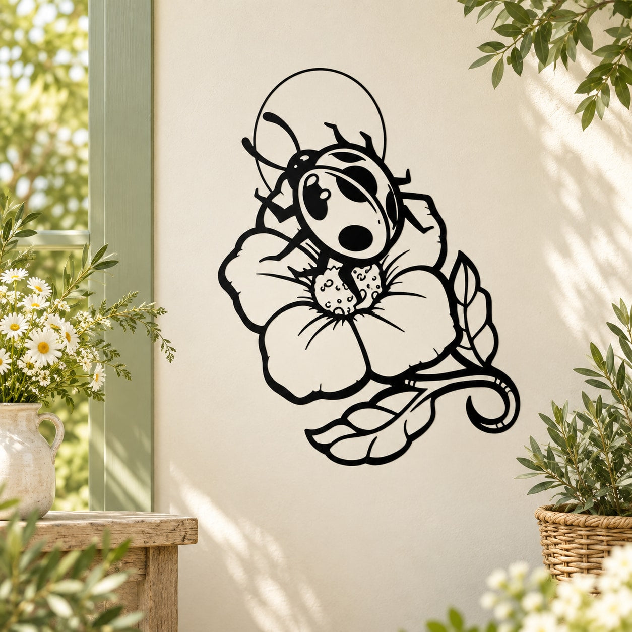 Black ladybug and flower wall decal with cute cartoon face and wings