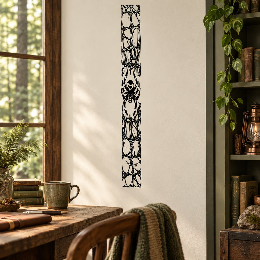 Vertical black spider and rocks decal panel with tall web-like pattern