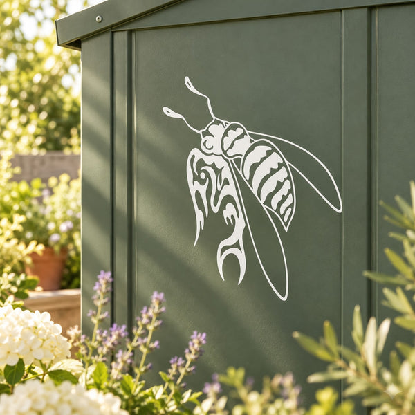 White hornet outline decal with decorative wings on dark surface