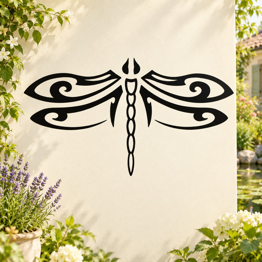 Black dragonfly spread-wings decal with ornate swirl wings