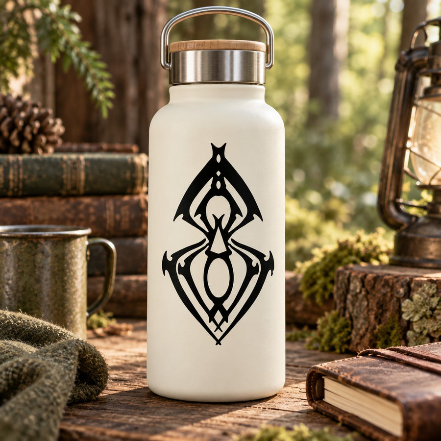Slender lowering spider decal in black on a white bottle