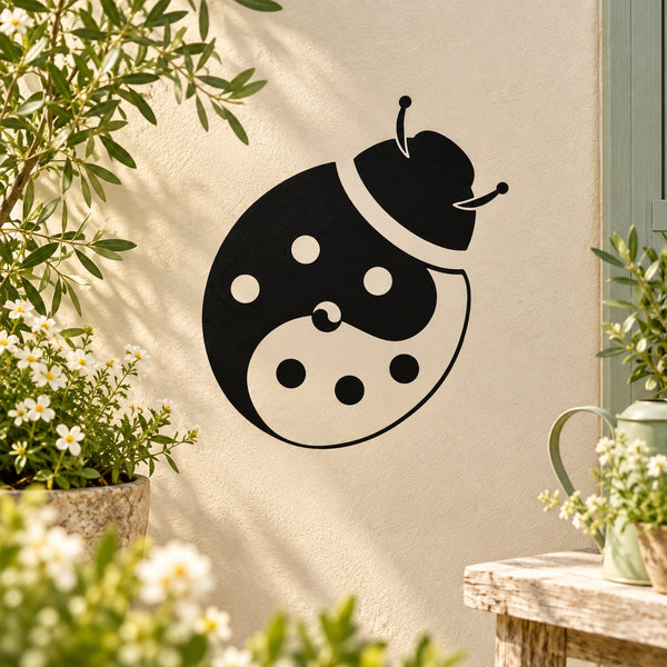 Yin-yang ladybug decal, black and cream with white dots and antenna on beige