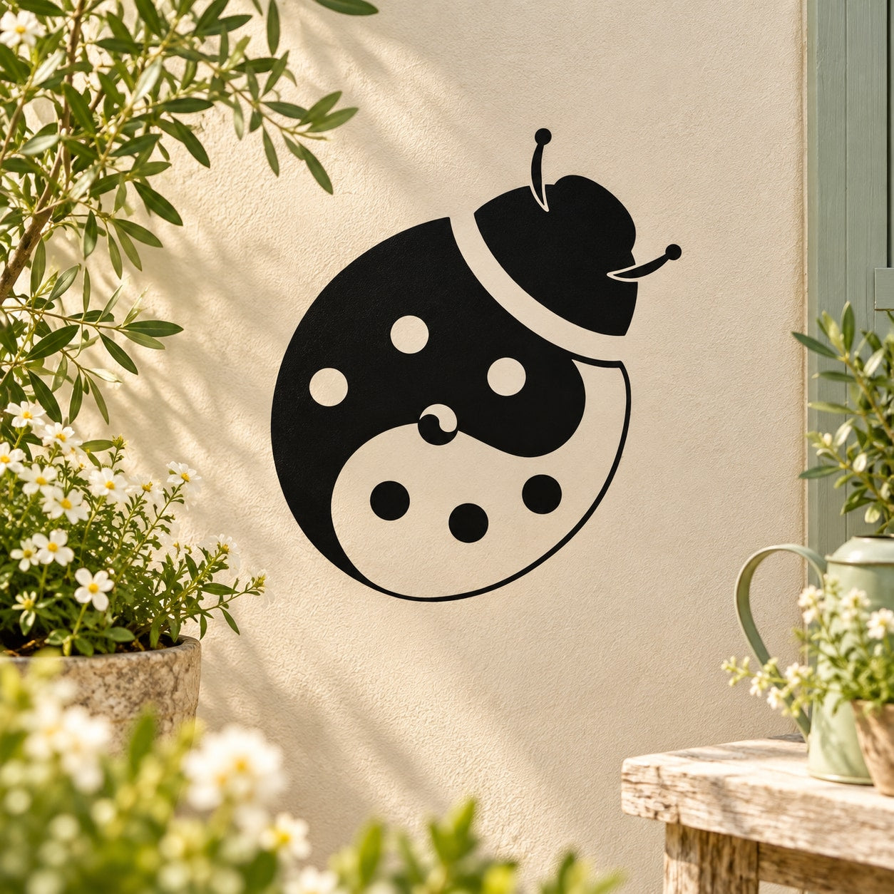 Yin-yang ladybug decal, black and cream with white dots and antenna on beige