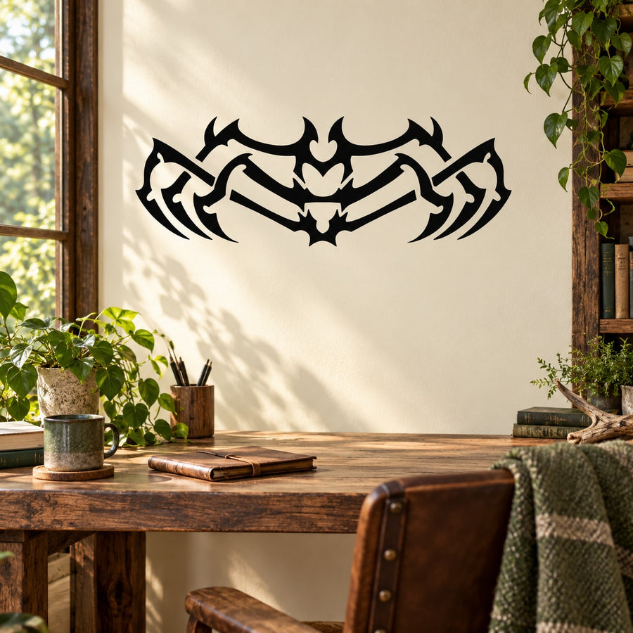 Black insect skeleton wall decal with ornate wings and curved legs design
