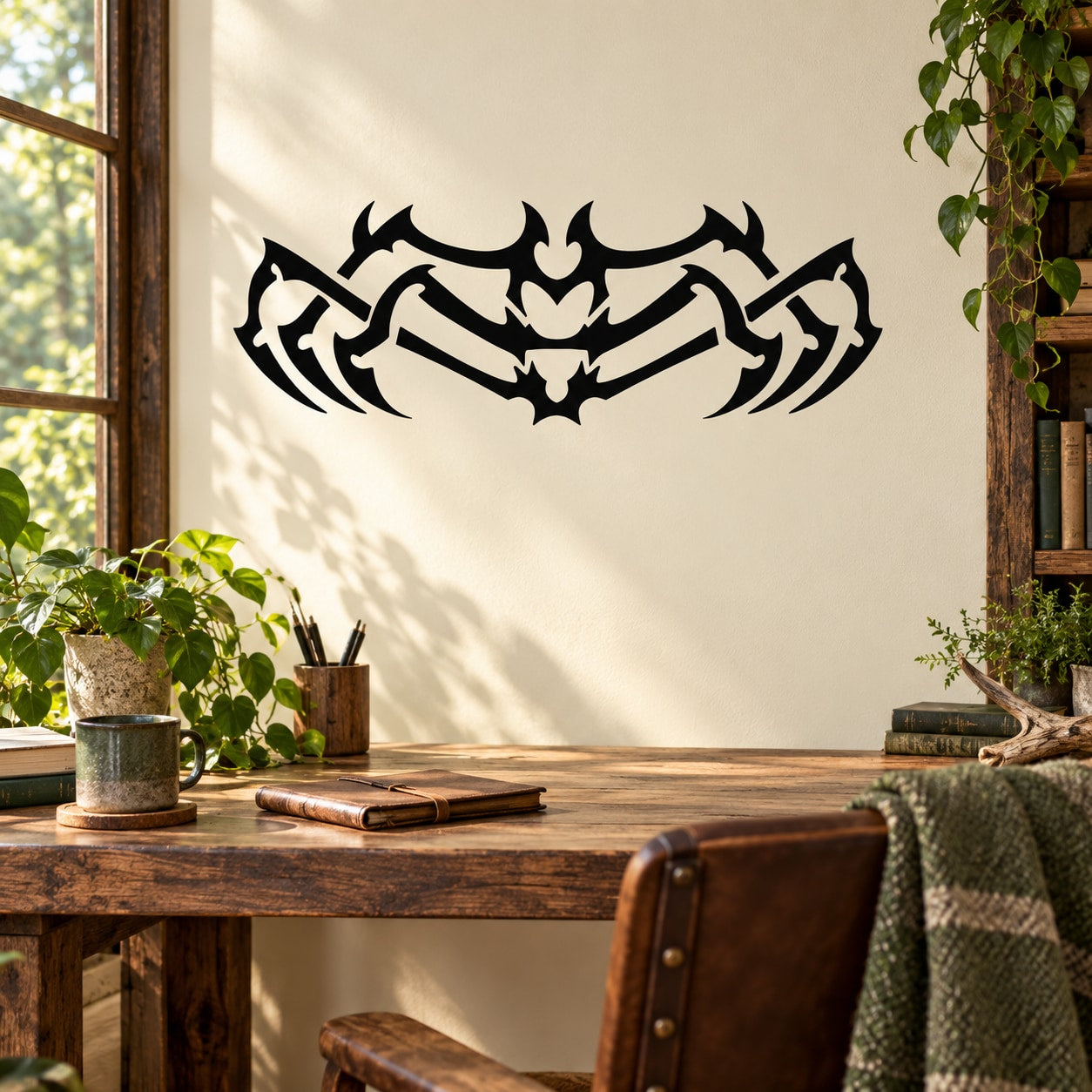 Black insect skeleton wall decal with ornate wings and curved legs design