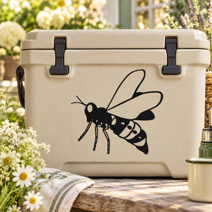 Flying bee decal with black line-art bee and wings on a light surface
