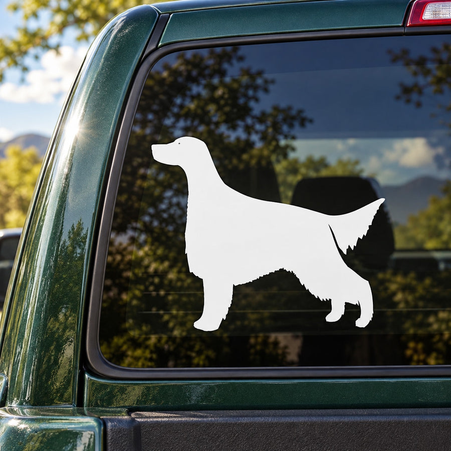 White Irish Setter dog decal silhouette for car window, front view