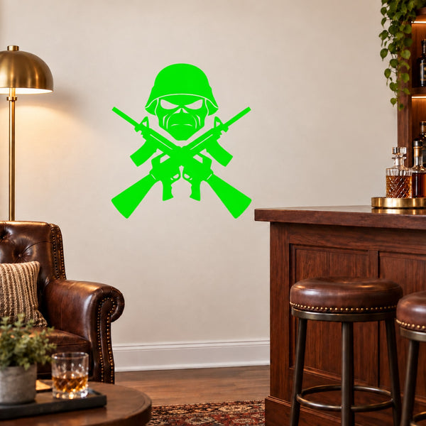 Neon green skull wall decal with crossed guns