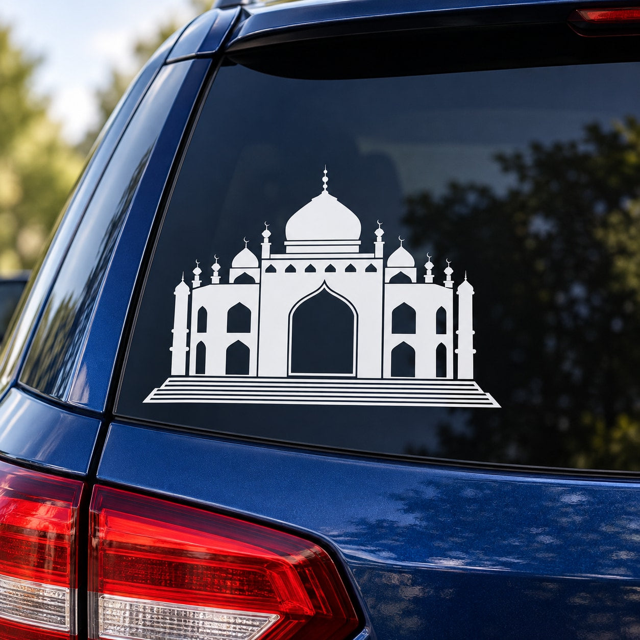 Mosque car window decal with white mosque silhouette and arched doorway