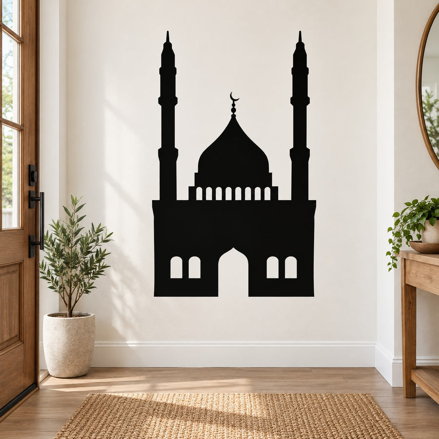 Black mosque silhouette wall decal with two minarets and central dome