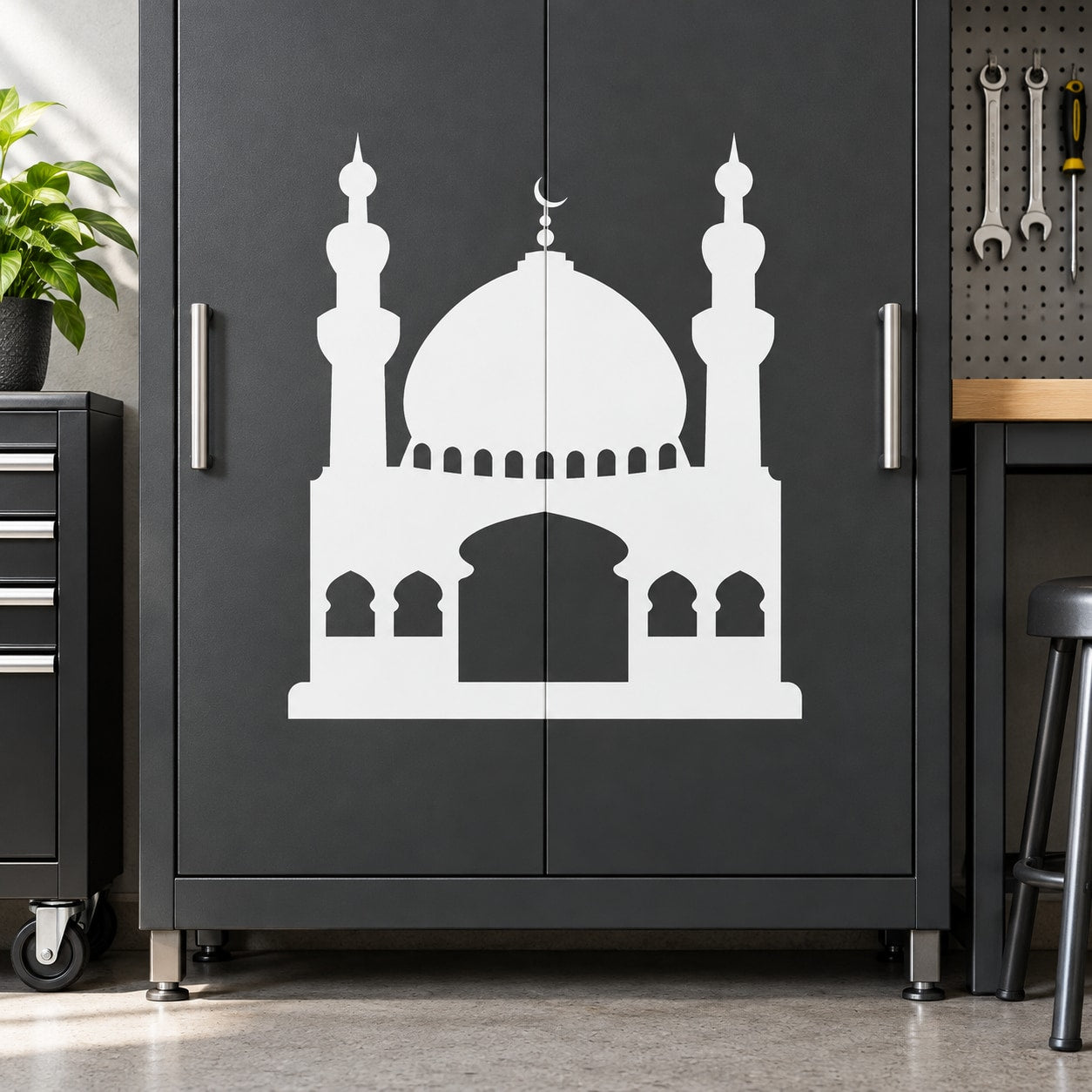 Al Fateh mosque decal: white domed arch and minarets silhouette on dark surface
