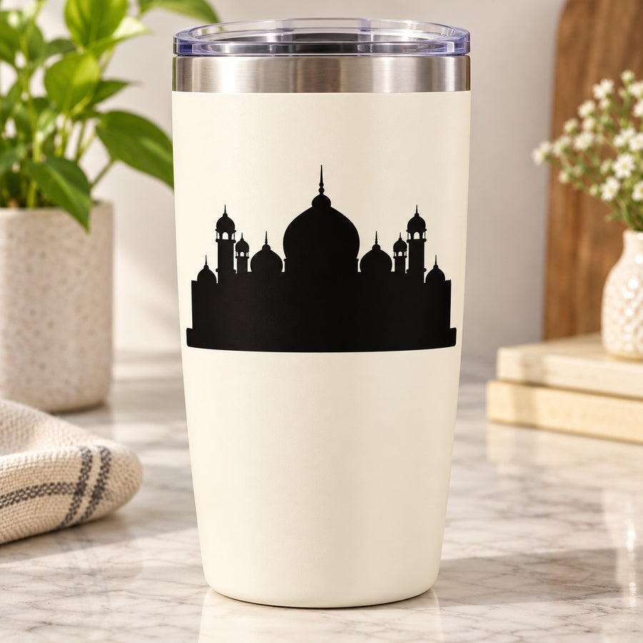 White insulated tumbler with black Islamic mosque silhouette decal