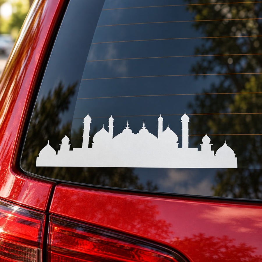 White mosque skyline decal with minarets and domes for car window