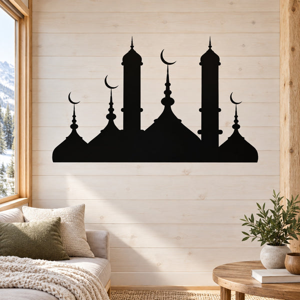Mosque decal with black silhouette of domed building and multiple minarets