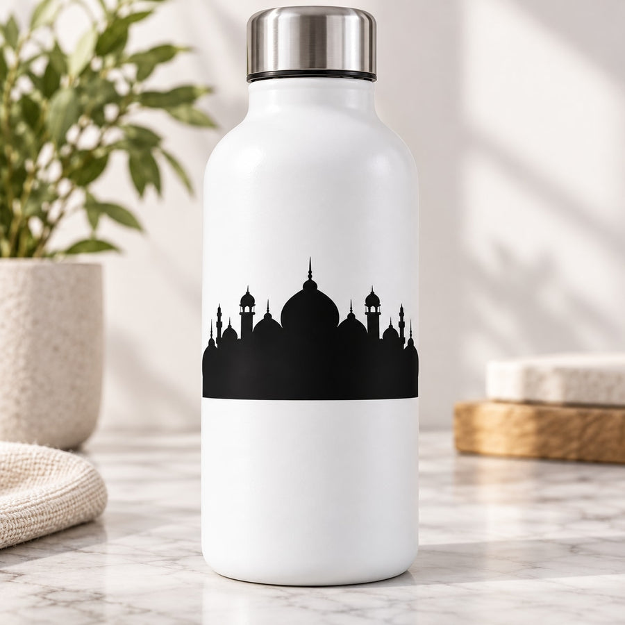 White water bottle with black mosque silhouette decal