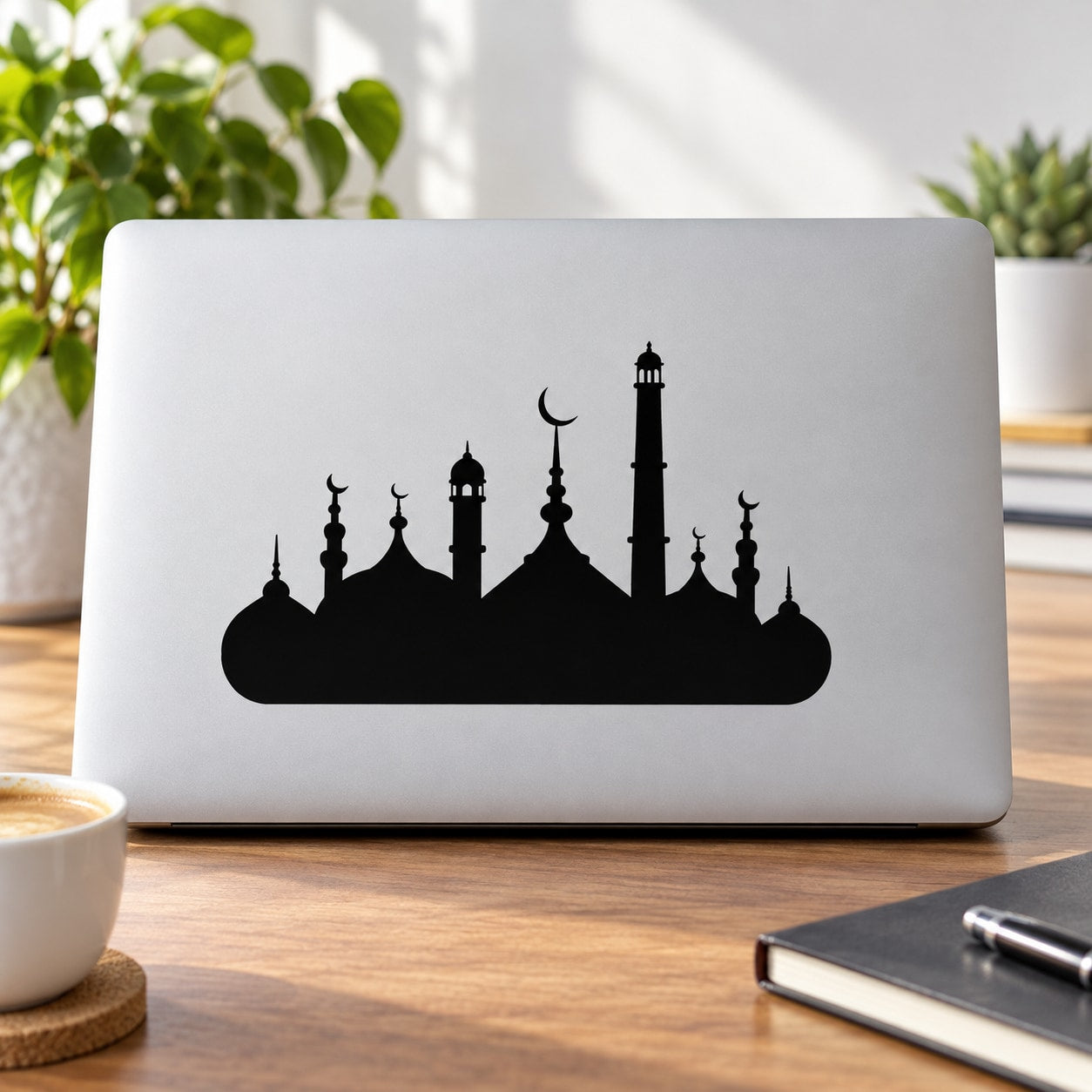 Black mosque skyline decal with domes and tall minarets on a light backing