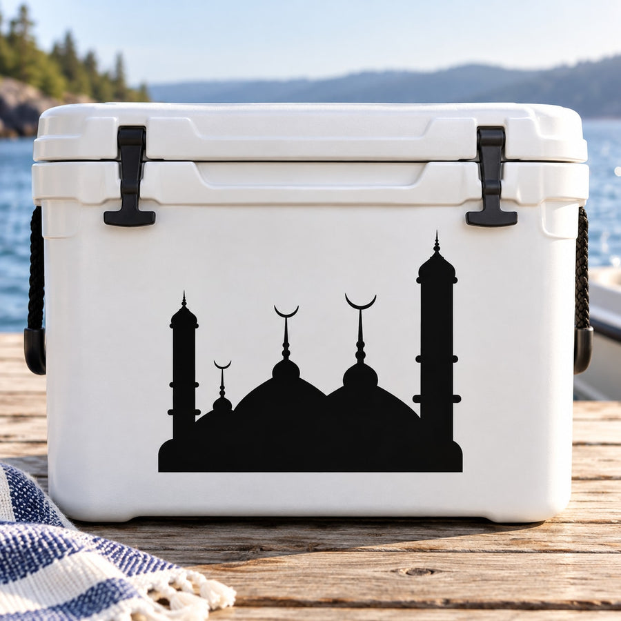 Black mosque silhouette decal on a white cooler lid